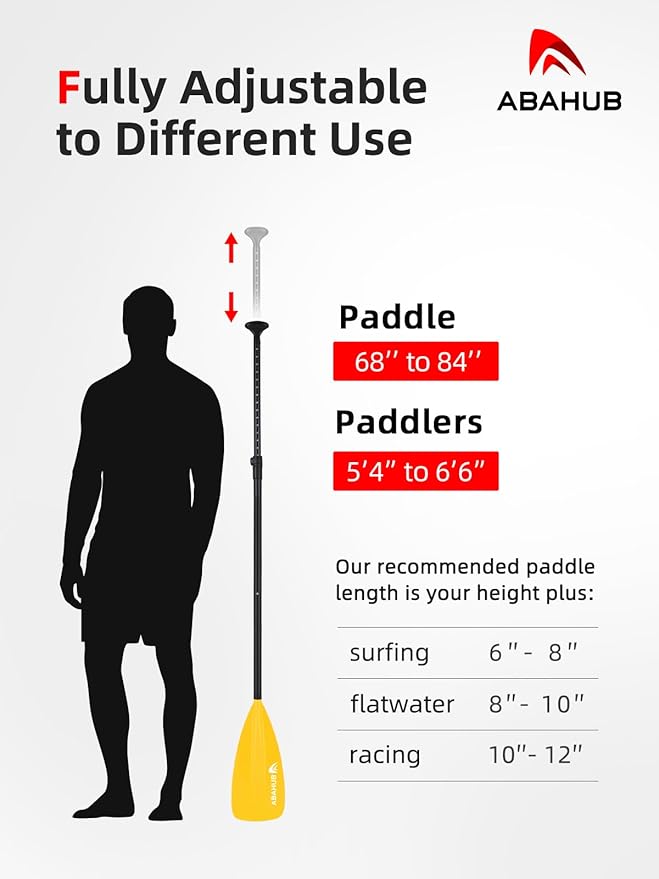 Abahub SUP Paddle - 3 Piece Adjustable Paddles - Lightweight Stand-up Paddle Oars for Paddleboard, Adjustable Aluminum Alloy Shaft 68" - 84", Black/Blue/Green/Orange/Red/Yellow Plastic Nylon Blade