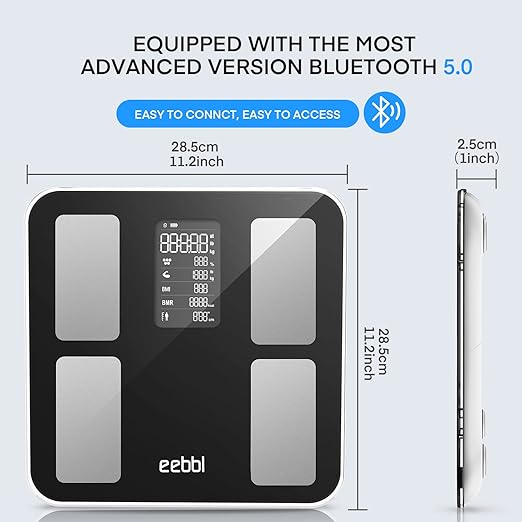 EEBBL Smart Scale for Body Weight, Digital Bathroom Scale BMI Weighing Bluetooth Body Fat Scale, Body Composition Monitor Health Analyzer with Smartphone App, Buletooth 5.0 400 lbs - Black