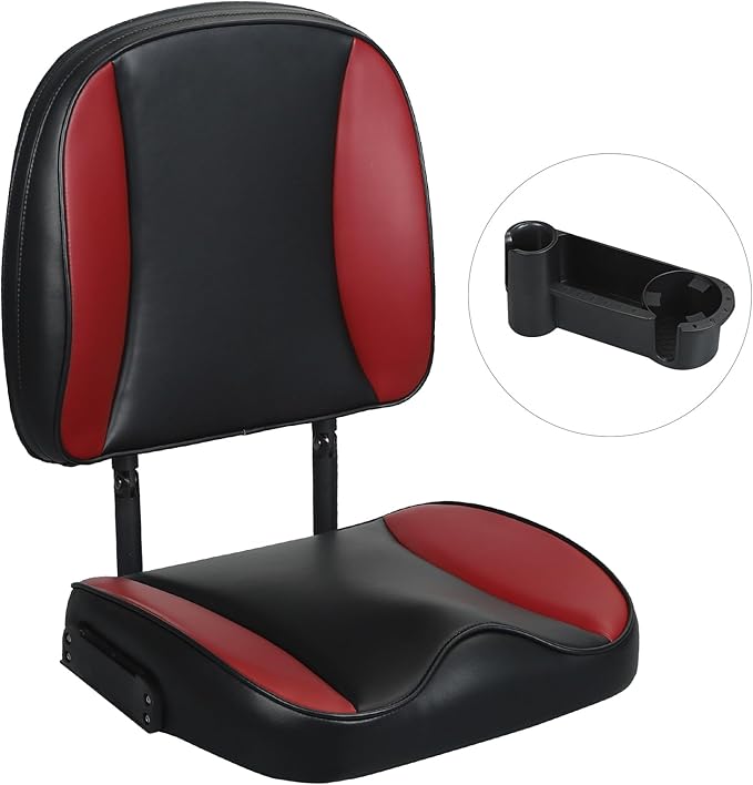 Folding Boat Seat Low Back Fishing Boat Seats with Caddy Organizer, Black/Red/Black