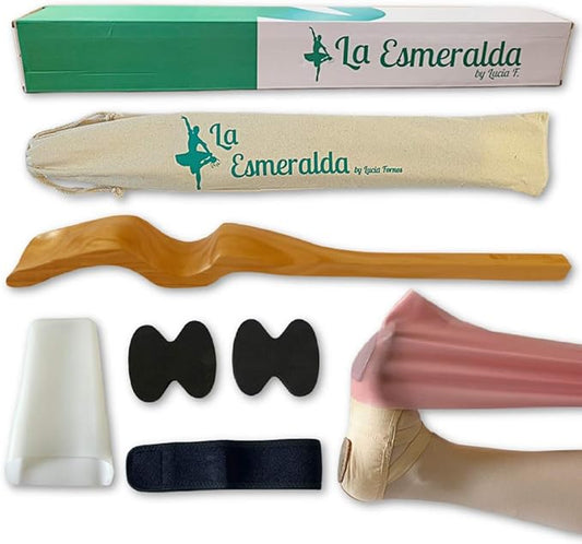 La Esmeralda Ballet Professional Wooden Pine Foot Stretchers Set for Dancers, Elastic Stretch Band, Two Pads, Leg Strap, Carry Bag and Gift Box.