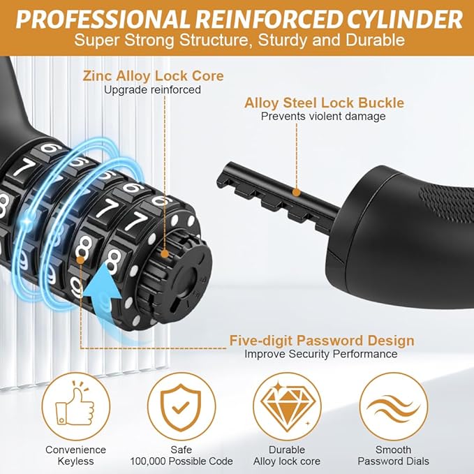 Bike Lock, 2.62/3.28/4ft Long Heavy Duty Anti Theft Bike Chain Lock, 5 Digit Combination High Security Resettable Keyless Bicycle Locks for Bike, Motorcycle, Scooter, Gate, 6mm Thick, Black