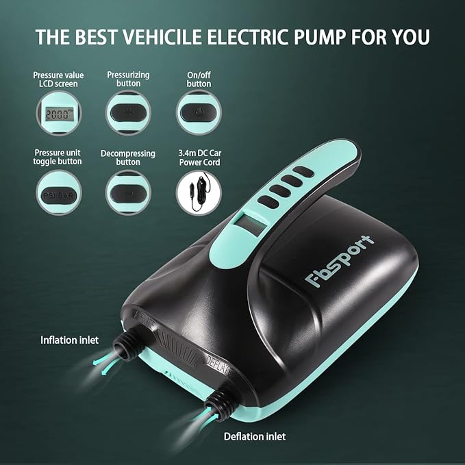 FBSPORT 20PSI High Pressure SUP Vehicle Electric Air Pump, Inflation Paddle Board Pump for Stand Up Paddle Boards, Inflation & Deflation Function Quick Air Inflator for Paddleboards