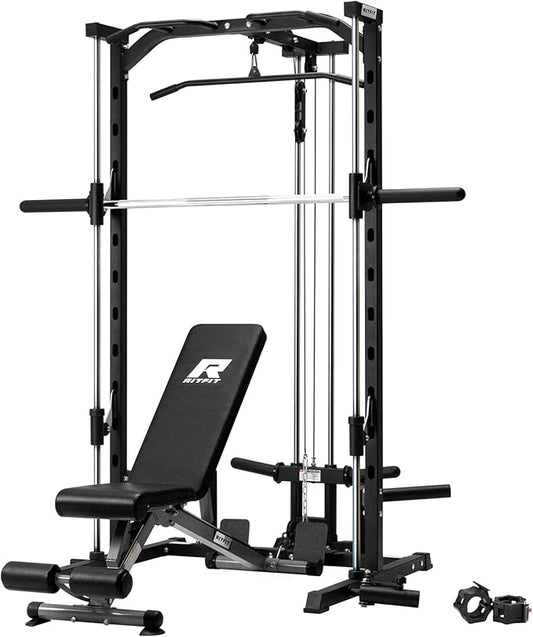 RitFit Smith Machine Power Rack with LAT-Pull Down System, Landmine, Barbell Bar, Plate Storage Pegs and More Training Attachment