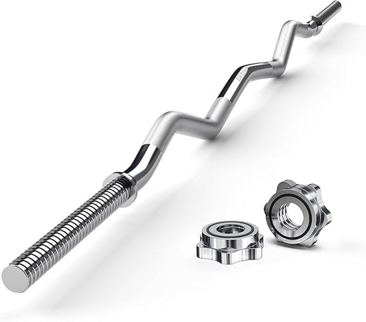 47" EZ Curl Bar Weight Lifting Bar, for Hip Thrusts/Squats/Lunges, 1" Weight Plates Curling Bar for Gym and Home, with Star Collars