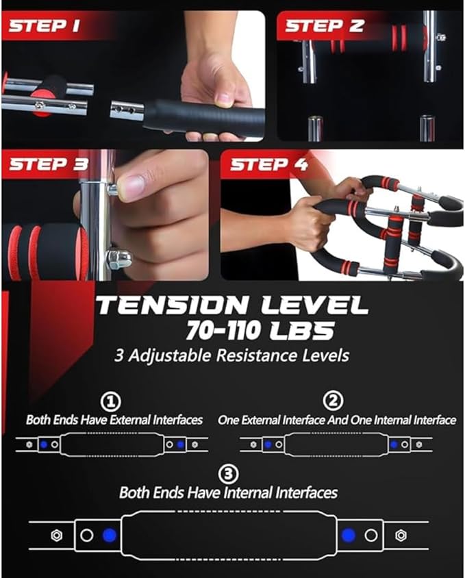 Twister Arm Trainer, Adjustable, Detachable, Portable, Chest Exerciser for Men & Women. Home Fitness Equipment for Enhancing Upper Body Muscle(60-90-110 lbs Tension, Black with Blue Stripes)