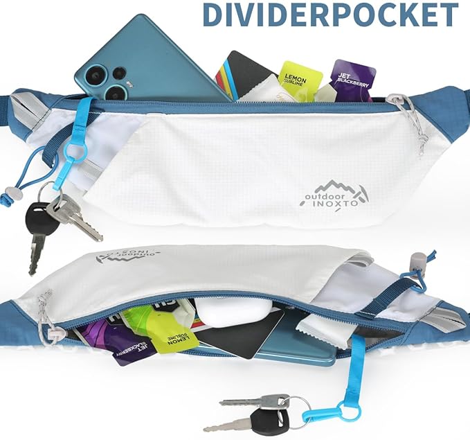 INOXTO Slim Running Belt Fanny Pack for Women and Men Sports Waist Bag Pack with 300ml Water Bottle for Running Walking Cycling Hiking Reflective Running Pouch Belt for All Phones (White Blue)