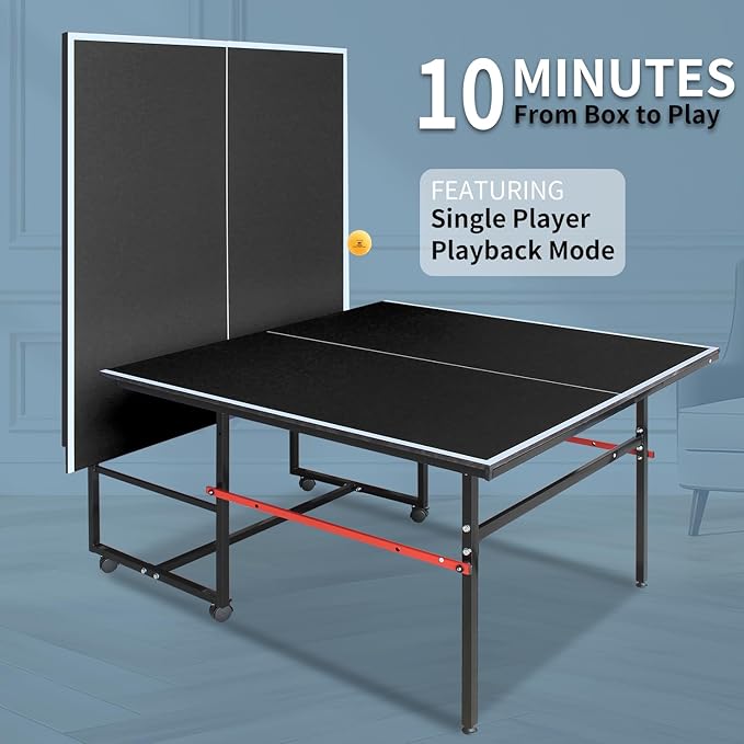 Professional Table Tennis Table, Foldable Ping Pong Game Set for Indoor, 8FT 9FT Single Player Playback Mode Ping Pong Table with Net and Post Set, 2 Paddles and 3 Balls