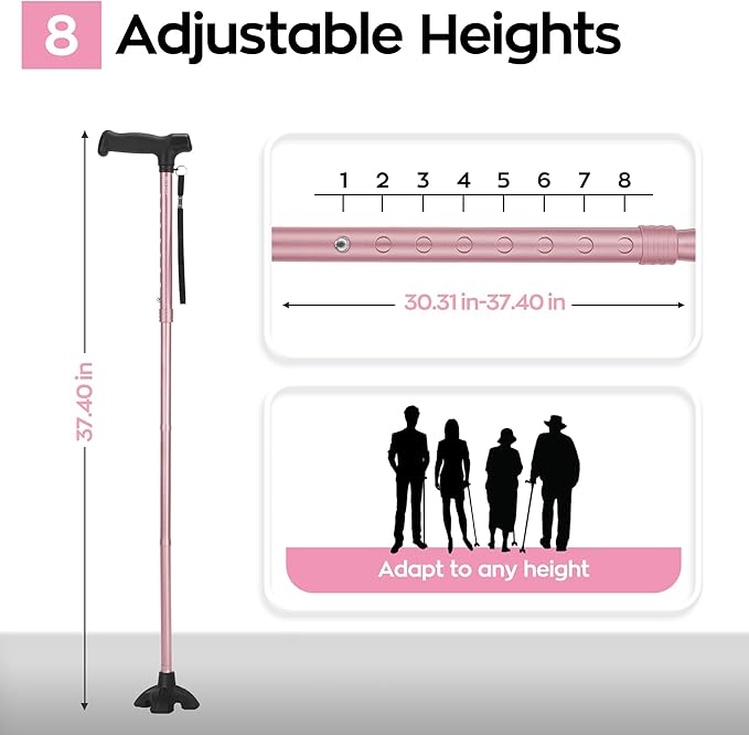 Walking Cane for Women, Extended Grip; Solid Base; Foldable; Adjustable Heights; Lightweight; Free Standing; Portable Canes for Women for Stability (Pink)