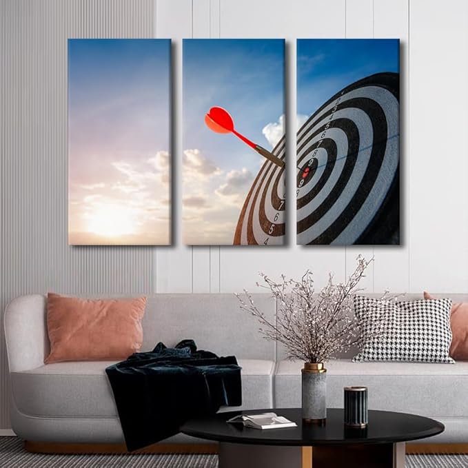 3 Piece Wall Art Dartboard Wall Pictures for Living Room Success Hitting Target Aim Painting on Canvas Office Wall Decor Positive Men Bedroom Wall Art Modern Artwork Framed Ready to Hang, 40"Wx60"H