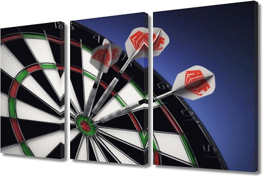 3 Panels Sports Theme Wall Art Dart Hits the Bullseye Wall Art Inspirational Wall Art Modern Artwork Dart Plate Canvas Prints Pictures on Canvas Wall Art for Home Decor Ready to Hang(24"Wx36"H)