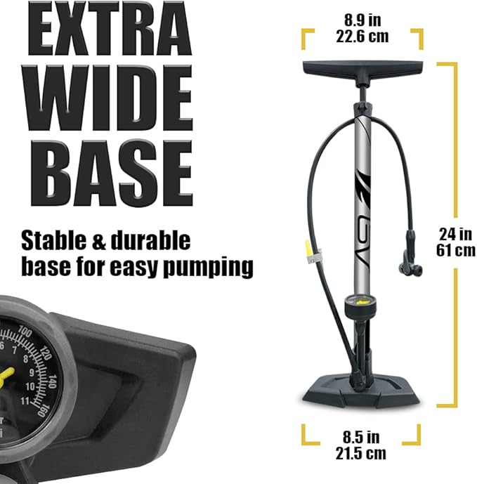 BV Bicycle Pump Durable Bike Floor Pump 17/24 inch Smart Valve Head, 160 psi, Automatically Reversible Presta and Schrader