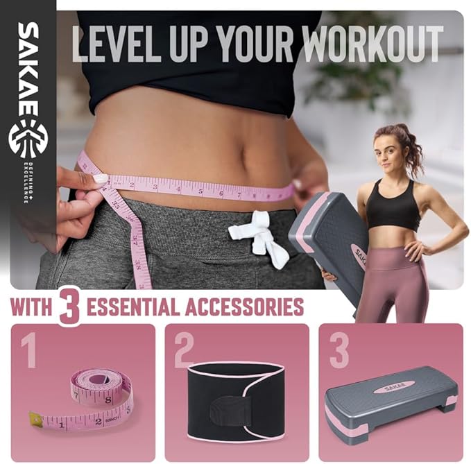 Adjustable Height Aerobic Stepper Set, Multiple Bundle Options with Dumbbells, Kettlebell, Waist Trimmer, Ankle Weights or Weighted Vest, Workout Exercise Step Platform w/Level Risers, 4 Colors