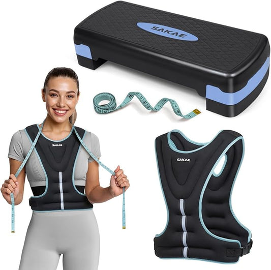 Adjustable Height Aerobic Stepper Set, Multiple Bundle Options with Dumbbells, Kettlebell, Waist Trimmer, Ankle Weights or Weighted Vest, Workout Exercise Step Platform w/Level Risers, 4 Colors