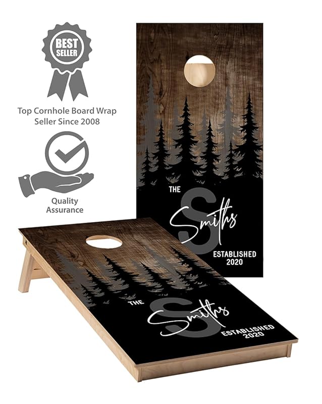 Cornhole Board Wraps Custom Family Name Wood and Trees Theme #725 - Cornhole Skins | Cornhole Graphic Decals - Includes Application Squeegee - Set of (2) 25" x 49” 3M Vinyl Wraps with Gloss Laminate
