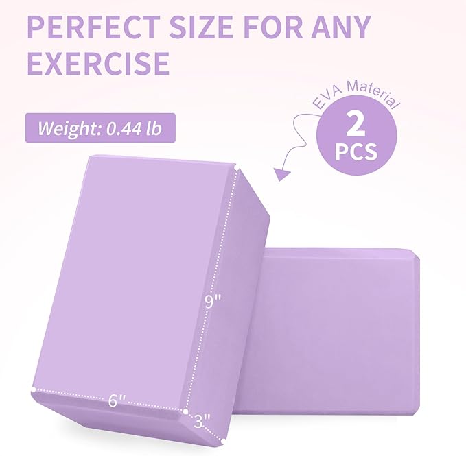 Yoga Block 2 Pack 9"x6"x3", Sturdy Yoga Foam Blocks, High Density & Non Slip Surface for Pilates & Stretching, Fitness Accessories for Stability & Balance