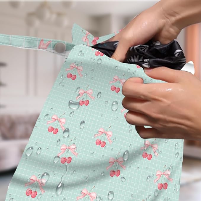 4 Pack Cute Stripe Bow Cherry Wet Bag Waterproof Washable Reusable Wet Dry Bag for Swimsuit Dirty Clothes Soiled Items Cloth Diaper Travel Beach Pool Yoga Gym Toiletries Travel Essentials