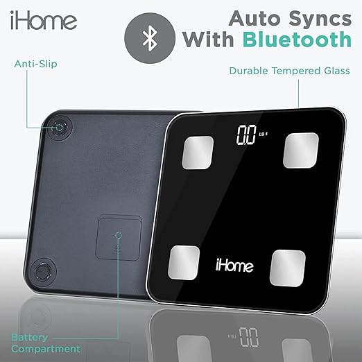 iHome Digital Bluetooth Smart Scale for Body Weight, Weight Scale, Including BMI, Body Fat, Muscle Mass, Batteries Included (Black Smart Bluetooth)