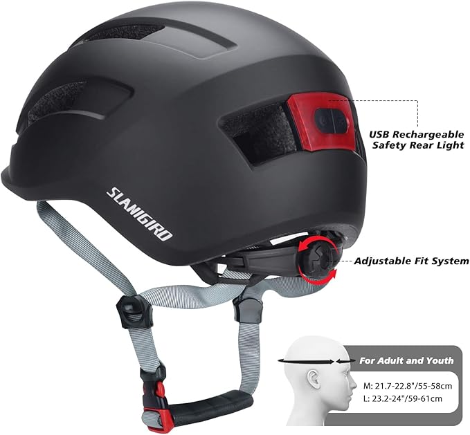 Adult Urban Bike Helmet - Adjustable Fit System & Integrated Taillight for Men Women