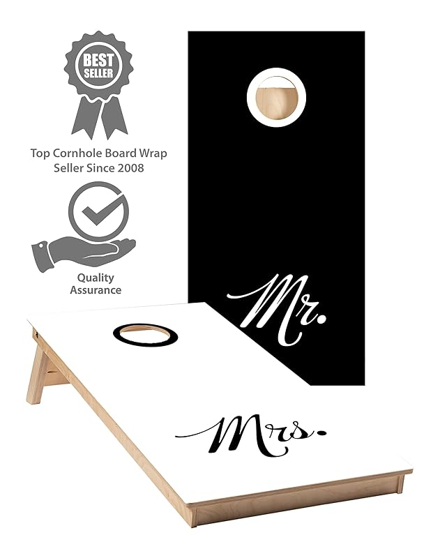 Cornhole Board Wraps #101 - Mr. and Mrs. Black and White Wedding Cornhole Wraps - Cornhole Graphic Decals - Includes Application Squeegee - Set of (2) 25" x 49" Wraps with Gloss Laminate