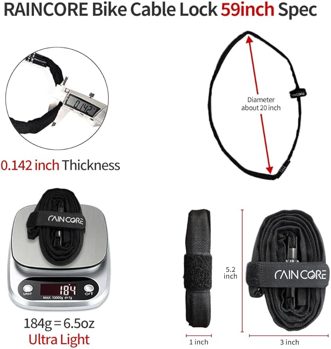 RAINCORE Light Weight Bike Cable Lock for Heavy Duti Anti Theft - 59inch (150cm) - 0.4lb (184g) - Bike Chain Lock with Chain Cutter Proof Fiber - Patented Korea - Security Cable (59 incehs)
