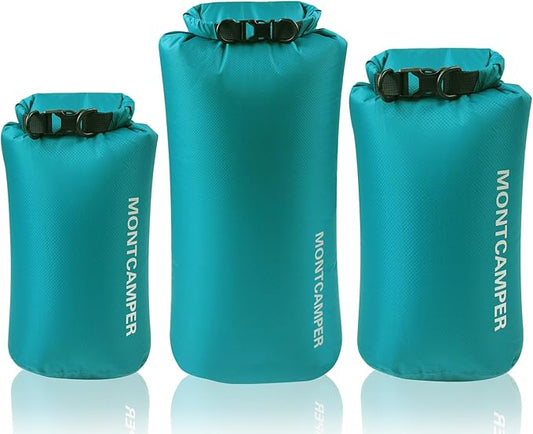 3-pack 30D Nylon Waterproof Dry Bag-Portable Waterproof Storage Sack for Kayaking, Hiking and Rafting-Roll Top Closure-Float on Water(5L/10L/20L,Turquoise blue)