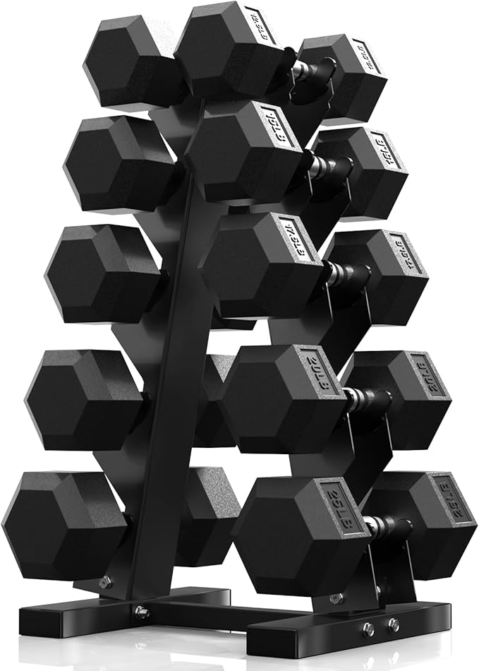 PAPABABE Dumbbell Set with Rack, Rubber Encased Hex Dumbbell Free Weights Dumbbells Set with Storage Rack, Home Weight Set