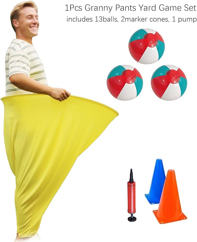 Granny Pants Yard Game Set - Peculiar Outdoor Game Granny Pants with 3 Bouncy Balls, 2 Marker Cones & Air Pump, Perfect for Family Reunion Games, Backyard Gatherings & Team Games