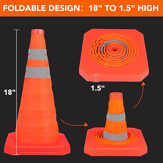 [20 Pack]18 Inch Collapsible Traffic Safety Cones - Parking Cones with Reflective Collars, Orange Safety Cones for Parking lot, Driveway, Driving Training etc