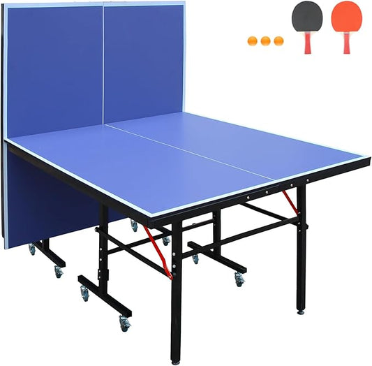 Professional Table Tennis Table, Foldable Ping Pong Game Set for Indoor, 8FT 9FT Single Player Playback Mode Ping Pong Table with Net and Post Set, 2 Paddles and 3 Balls