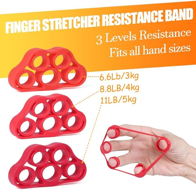 Grip Strength Trainer 7 Pack Adjustable, Finger Stretcher Resistance Extensor Bands, Finger Exerciser, Hand Gripper Strength Ring & Stress Ball