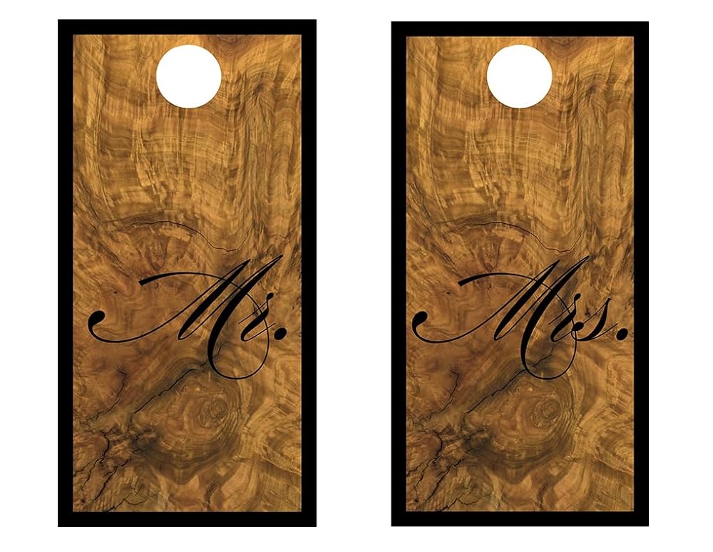Cornhole Board Wraps 529 - Mr. & Mrs. Wood Wedding Cornhole Game Graphic Decals - Includes Application Squeegee - Set of (2) 25" x 49" Wraps with Gloss Laminate
