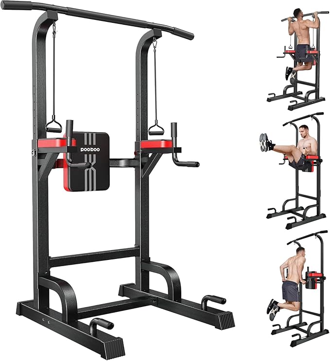 Pooboo Power Tower Dip Station Pull Up Bar for Fitness Home Gym Workout,Multi-Function Adjustable Height Fitness Strength Training Exercise Equipment,with Power Elastic Ropes