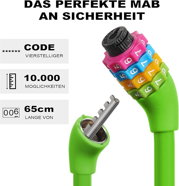 25 Inch Bike Lock Cable, Portable Anti Theft 4 Digits Codes Cable Locks, Resettable Combinations Coiling Bicycle Lock for Bike, Motorbike, Scooter, Skateboard, Gate, Fence (Green)