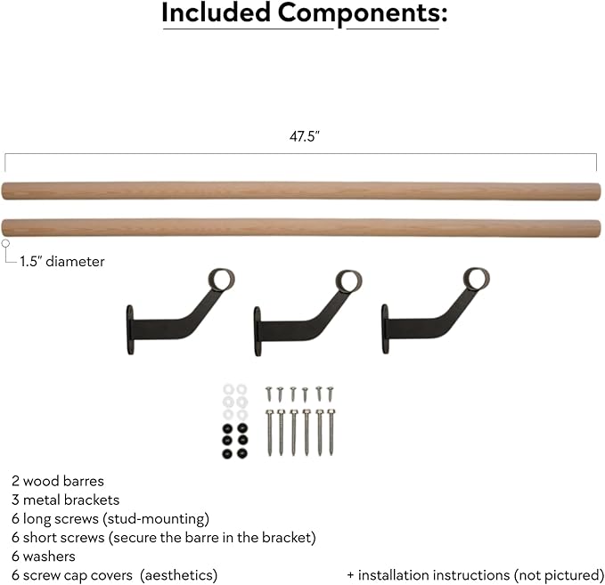 Wall-Mounted Ballet Barre for Home Dance, Exercise, Fitness, Stretching - Made in USA