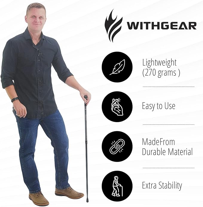 Ergo Walking Cane for Men & Women - Adjustable Foldable Walking Stick (Right-Handed Black Cane)