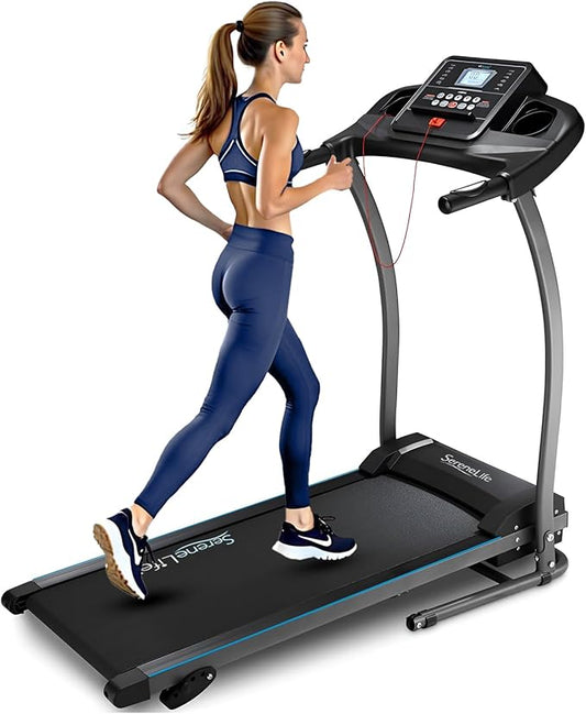 SereneLife Electric Folding Treadmill Exercise Machine - Smart Compact Digital Fitness Treadmill Workout Trainer w/Bluetooth App Sync, Manual Incline Adjustment, for Walking, Running, Gym