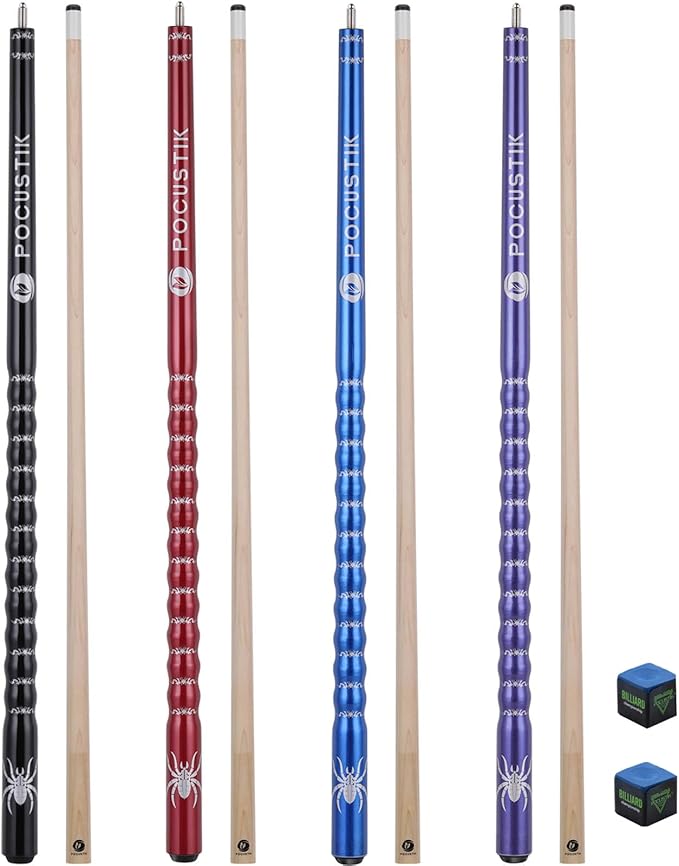 4-Pack Commercial Pool Cue Set - 58" Billiard Sticks 18/19/20/21oz - Hand-Painted Ergonomic Grip, Canadian Maple Shafts, 13mm Tips & 2 Chalks - Complete for Home Bars