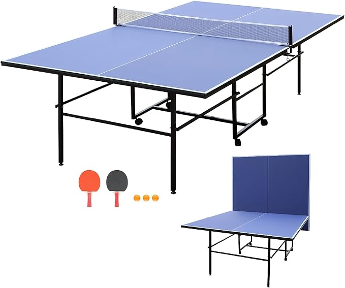 Portable Ping Pong Table, Mid-Size Foldable Table Tennis Table w/Net, 2 Paddles, 3 Balls, Table Tennis Table for Indoor Outdoor, Ping Pong Tablefor Kids Family Holiday Sports