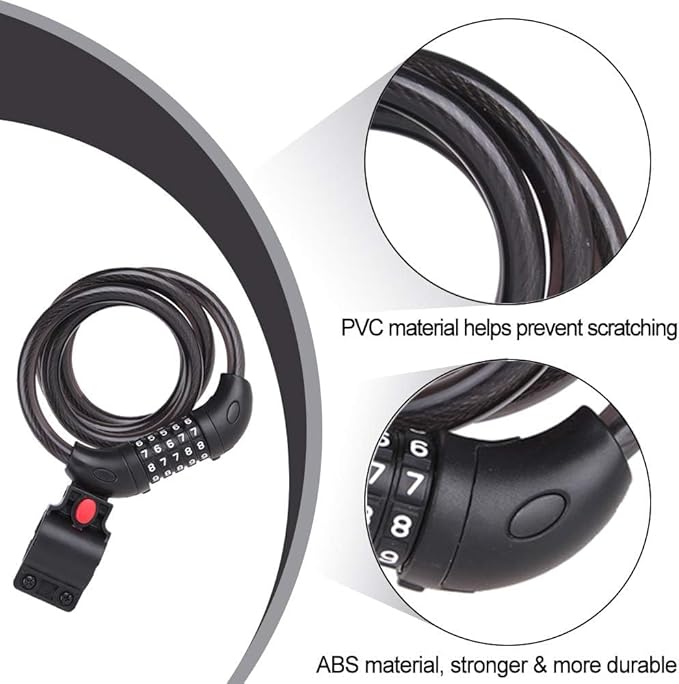 NDakter Bike Lock, 4/5.6 Feet Bicycle Cable, High Security 5 Digit Resettable Combination Coiling Bicycle Lock, Heavy Duty Anti Theft Cable with Mounting Bracket, 1/2 Inch Diameter (12mm)