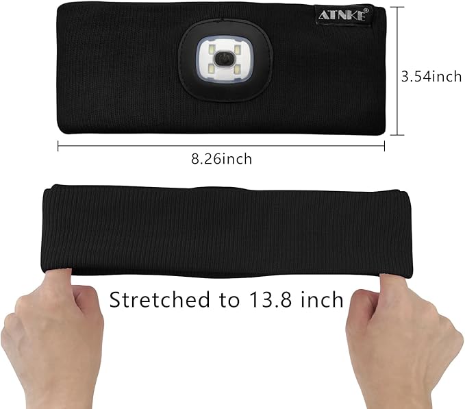 ATNKE 4 LED Lighted Sport Sweatband,USB Rechargeable Running Head Band Lamp High Stretch Wicking Gifts for Men and Women
