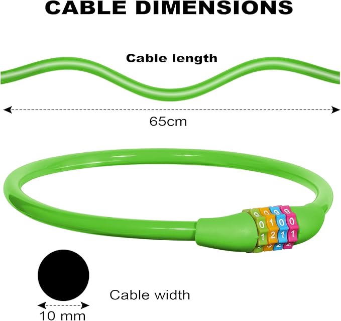 25 Inch Bike Lock Cable, Portable Anti Theft 4 Digits Codes Cable Locks, Resettable Combinations Coiling Bicycle Lock for Bike, Motorbike, Scooter, Skateboard, Gate, Fence (Green)