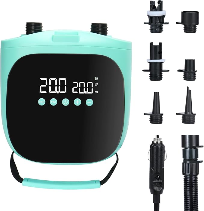 Electric Paddle Board Pump – 20PSI High-Pressure Electric SUP Pump Air Pump with Auto Shutoff, Dual-Stage Inflation for Paddle Boards, Kayaks, Tents, Boats & Inflatables Green
