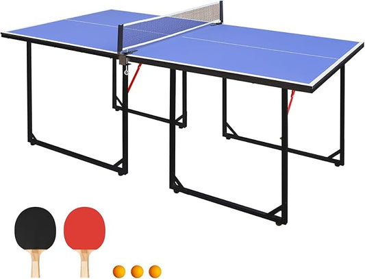 Ping Pong Table Foldable Table Tennis Table with Net, Table Tennis Paddles and Balls, 4.5FT/6FT/9FT MDF Multi-Use Family Game Table for Kid Teenager Adult, Compact & Portable