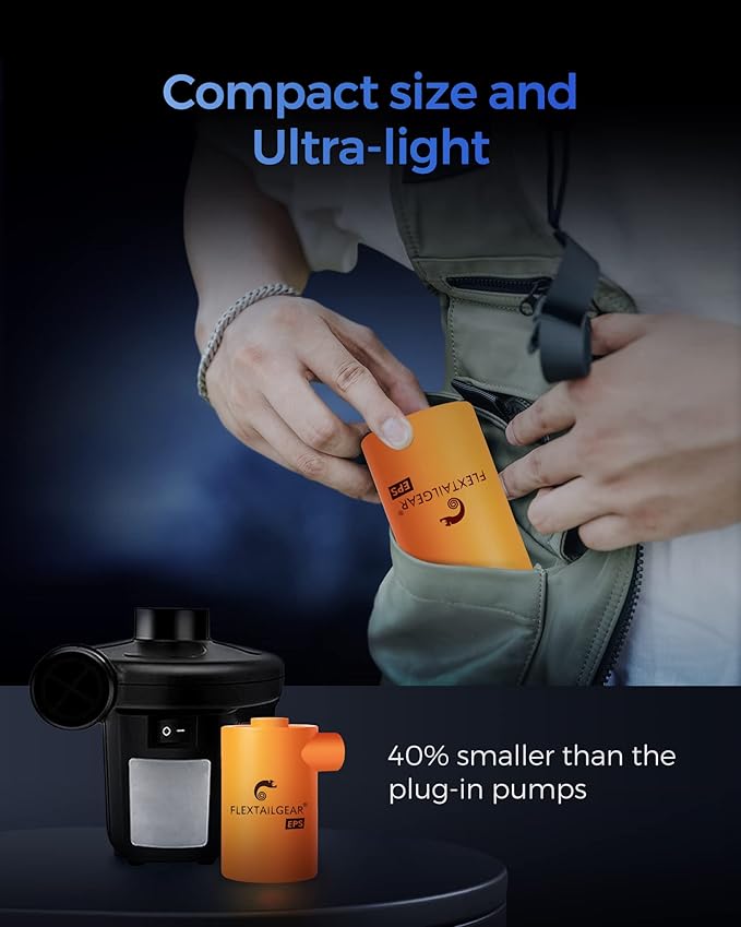 FLEXTAILGEAR Portable Camping Air Pump, Electric Air Mattresses Pump with 3600mAh Emergency Power Supply, 300 L/min Airflow for Rapid in/Deflation for Air Bed, Pool Float, Inflatables, Sleeping Pads