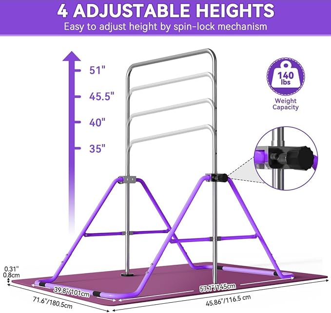 FBSPORT Gymnastics Bar for Kids, Adjustable Height Gymnastic Horizontal Bars,Junior Training Bar Children Folding Training Monkey Bars for Home Using