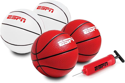 ESPN 5' Mini Basketball Set - 4 Pack (2 White, 2 Red) with Pump - Ideal for Family Games & Skill Practice