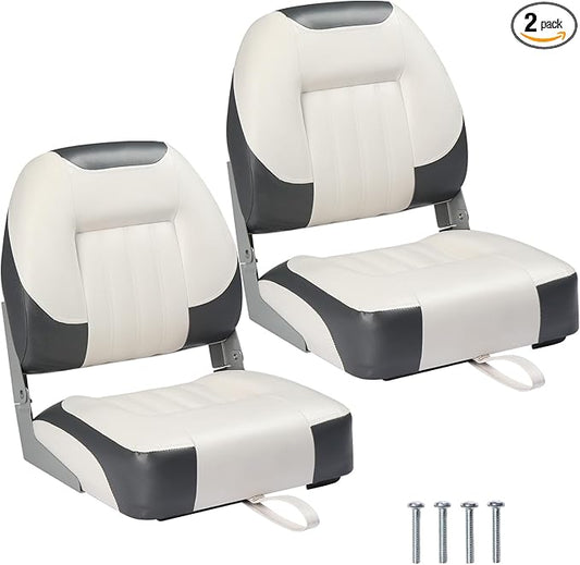 PEXMOR Boat Seats Low/High Back, Folding Boat Seat Included, Fold-Down Fishing Boat Seats Waterproof Captain Boat Seat w/Aluminum Hinges & Thick Soft Cushion, 2 Packs (Low Back-Grey & White)