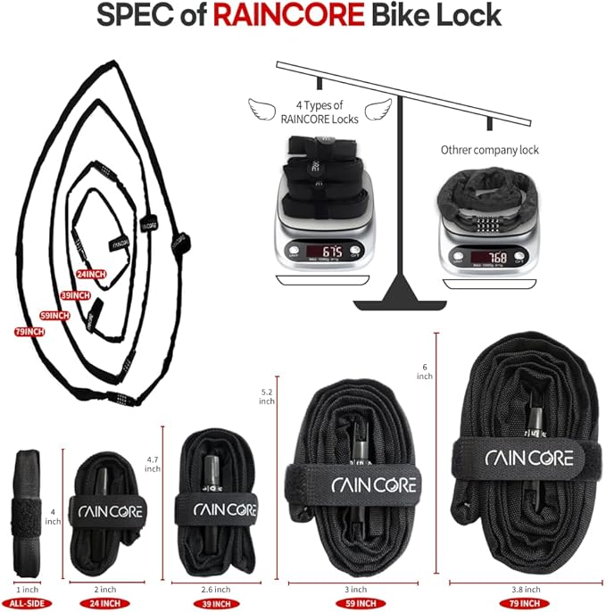 RAINCORE Light Weight Bike Cable Lock for Heavy Duti Anti Theft - 59inch (150cm) - 0.4lb (184g) - Bike Chain Lock with Chain Cutter Proof Fiber - Patented Korea - Security Cable (59 incehs)