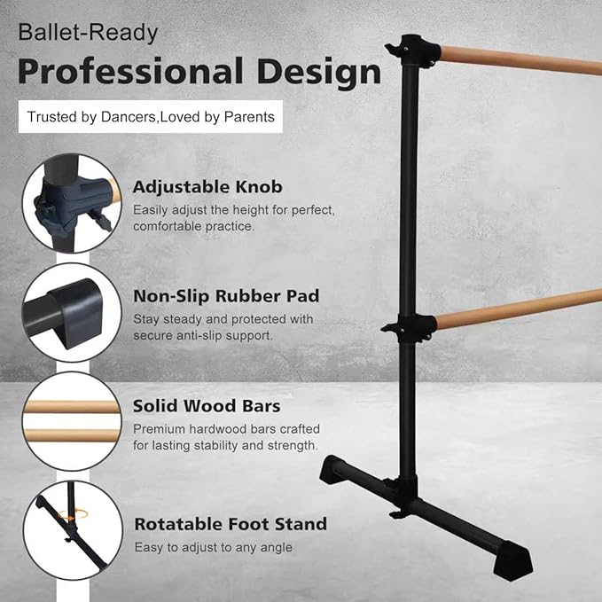 4FT/6FT Freestanding Ballet Barre Wood/Steel Height Adjustable from 7 to 46 inch Ballet Bar Portable Double Dance Bar for Home Workout and Stretch