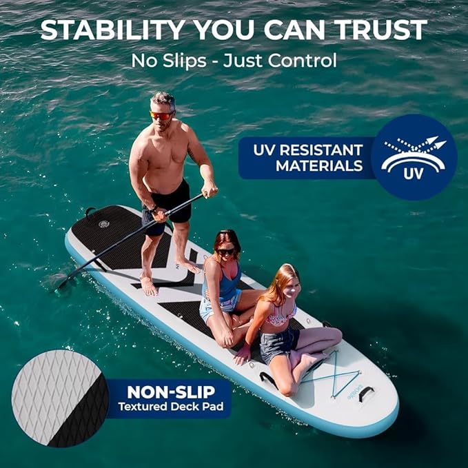SereneLife 12’2” Inflatable Paddle Board - XL Family Stand Up Paddleboard with Seat for 2 Adults 1 Child - 34” Wide Stable Design with Non-Slip EVA Deck Pad, Premium SUP Accessories, 450 lbs Capacity